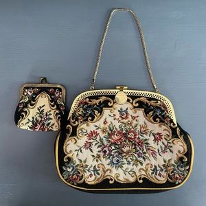Vintage Floral Embroidered Tapestry Handbag with Matching Coin Purse